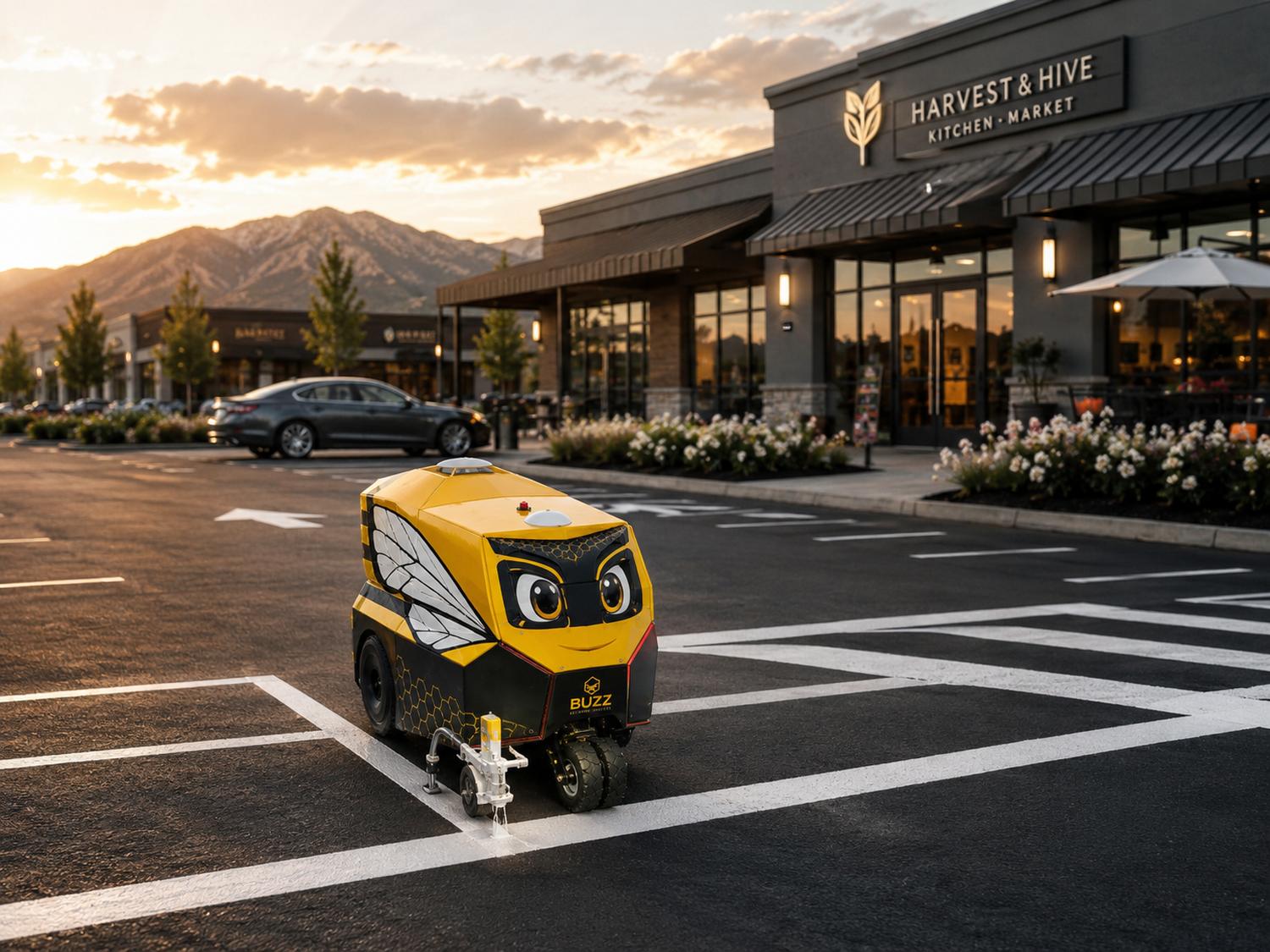 Buzz, the Beeline striping robot, painting fresh lines in a Utah parking lot at golden hour